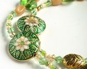 Beaded ID Badge Lanyard, Green Cloisonne Flower Beads, Gold Leaves, Breakaway Style