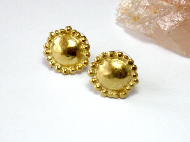 Yellow gold studs goldplated silver metalwork earrings, Round handmade ear posts - Free Shipping