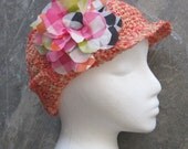 Handmade Crochet Hat, Coral Peach, Bohemian, Thinking Cap,  Womens Spring, Chemo