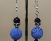 Earrings Beaded Ornate, Polymer Clay, Swarovski Crystals, Blue Black Silver, Pierced