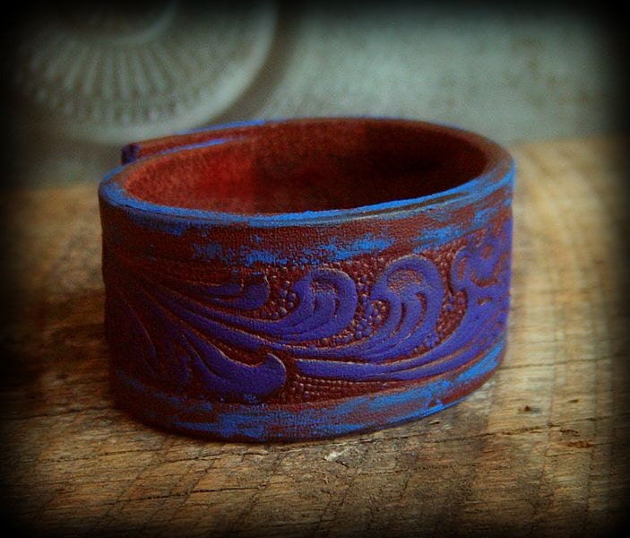 Hand Painted Recycled Leather Belt Cuff Bracelet