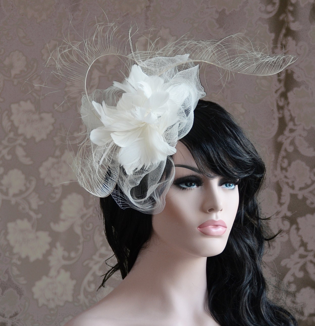 Bridal Off White Crinoline Fascinator Flower Comb Headpiece Bridesmaids Hair Feather Headdress 1940 Vintage Inspired