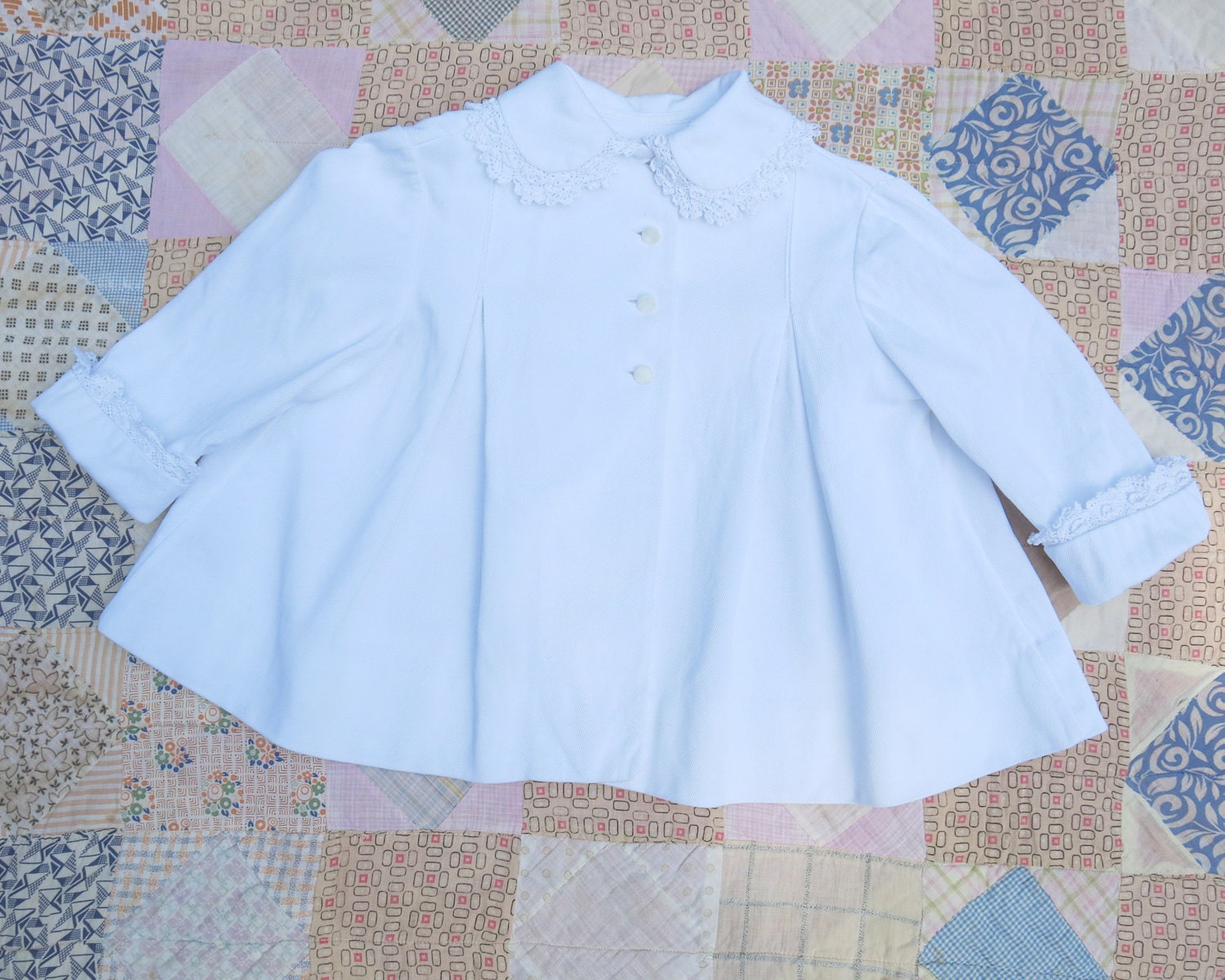 Vintage Infant, Little Girl's White Coat ... Gabardine and Irish Crochet Lace for Spring, Summer