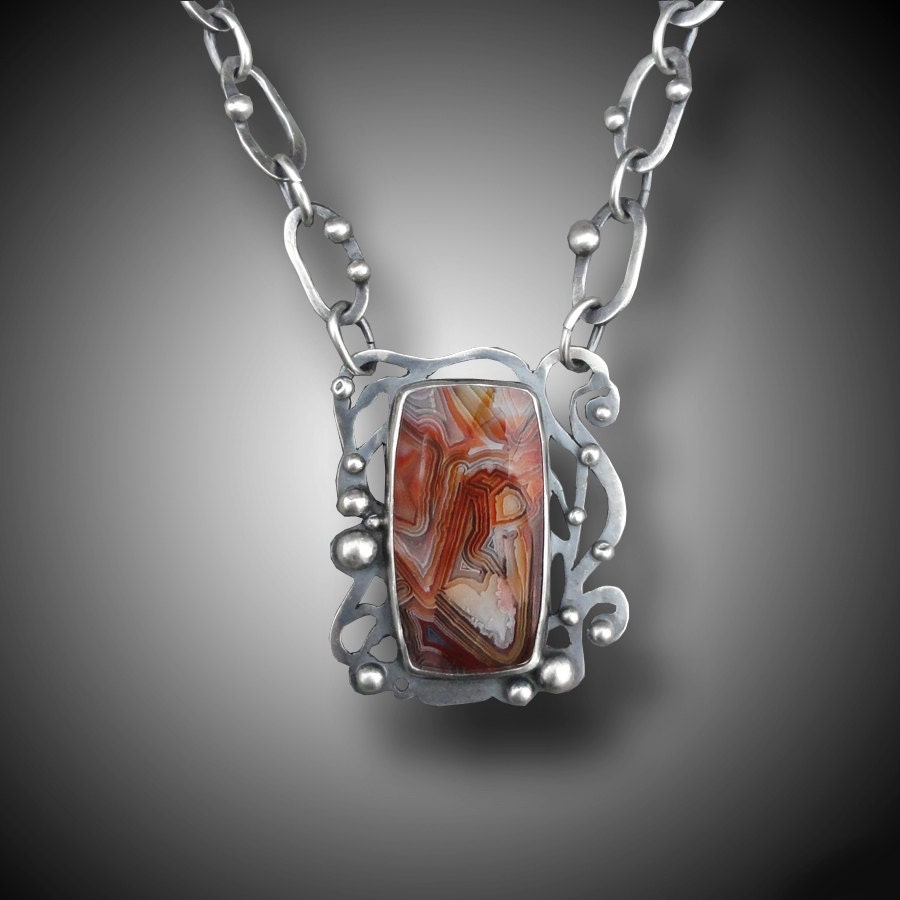 Sterling Silver  Necklace with Crazy Lace Agate  Cab