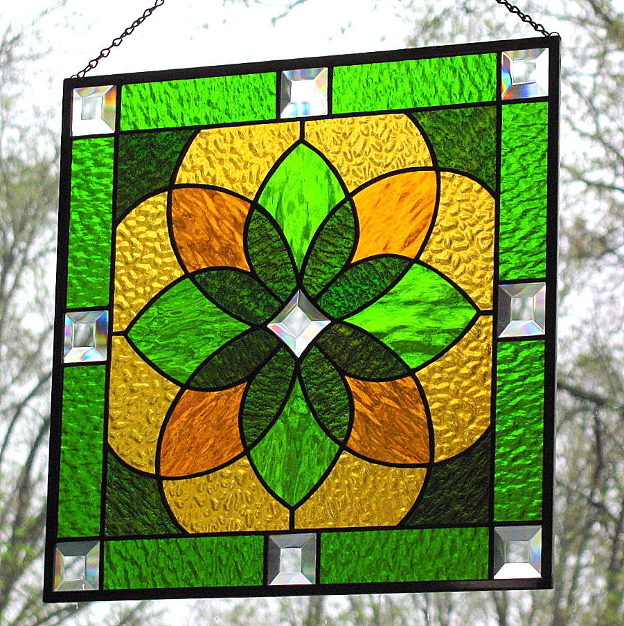 Stained Glass Green Gold Beveled Geometric Hanging Panel
