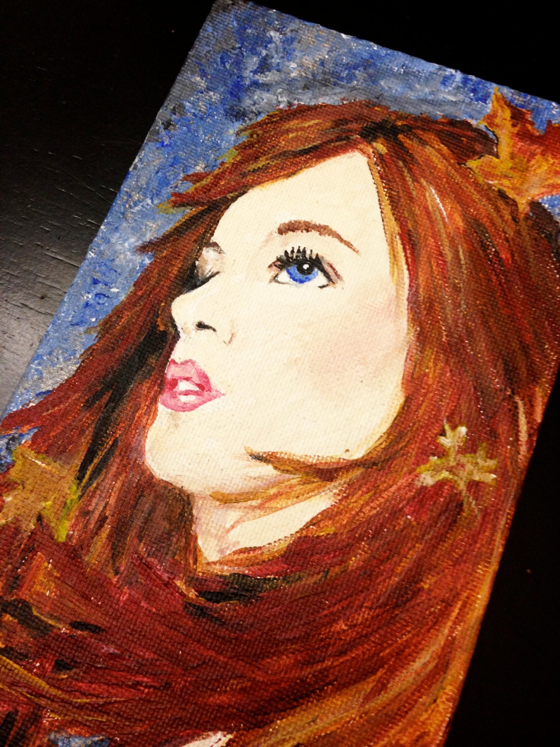 Small Original Acrylic Painting Red Head with Leaves in her Hair