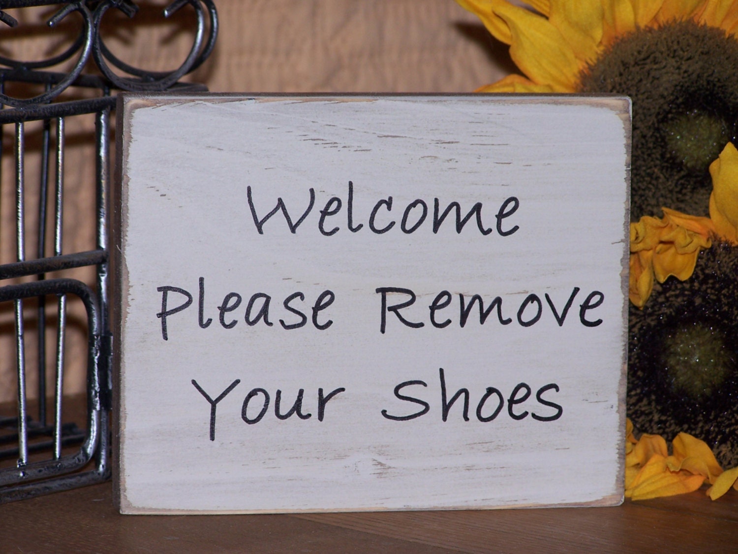 Wood Home Decor, Housewares, Welcome Please Remove Your Shoes Sign, Country Shabby Cottage Chic, Primitive Farmhouse, Rustic Plaque