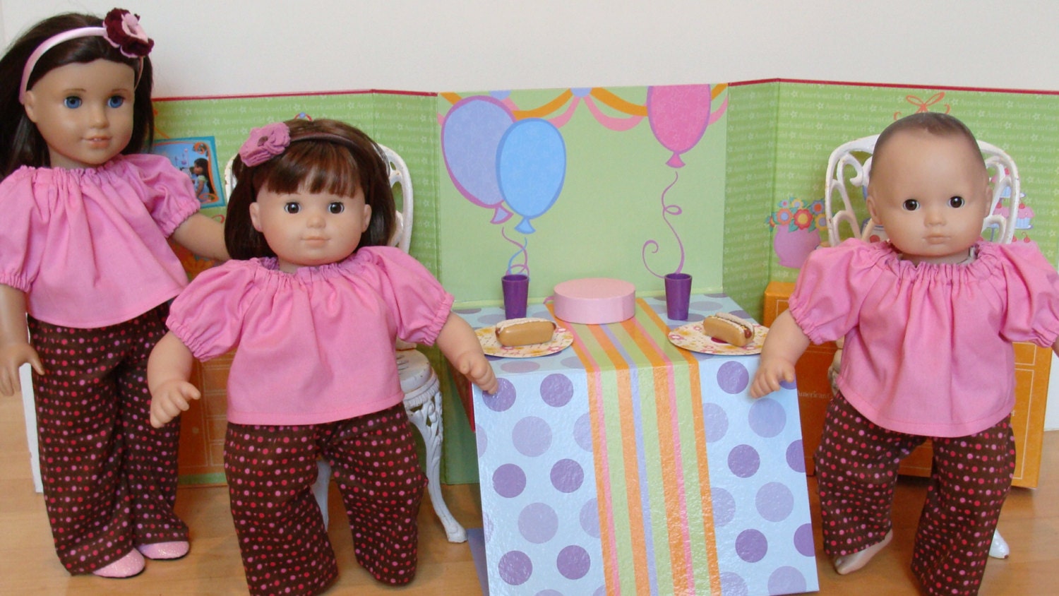 AMerican Girl, Twin or Bitty, 18 inch & 15 inch Doll Pink Peasant Top and Pink Brown Polka Dot cords FREE Shipping