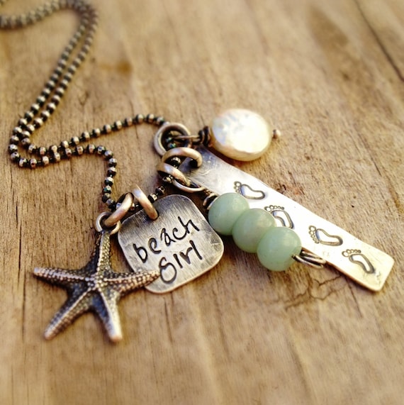 personalized jewelry, hand stamped necklace, summer, surfer, beach girl necklace, mothers necklace, creme de la gems