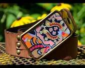 The Ursula Belt.  Bodacious Brown, Pink and Black Buckle with Brown Leather Belt