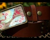 The Tippi Belt - Delicate Bird with Red, Cream and Blue with Brown Leather Belt