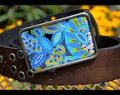 The Shirley  Belt - Bold Blue Graphic Buckle with Vintage Black Leather Grommet Belt