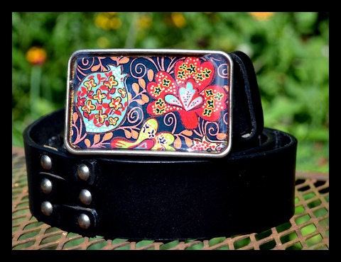 The Helen Belt - Red and Turquoise and Black Background with Black Leather Belt