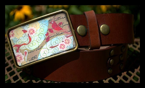 The Tippi Belt - Delicate Bird with Red, Cream and Blue with Brown Leather Belt