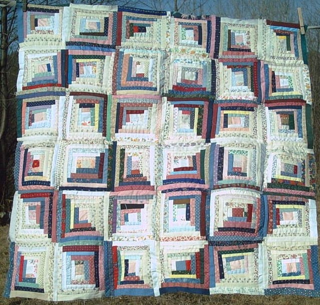 Scrappy Log Cabin Star quilt top for wall or crib quilt, table topper, tiny logs