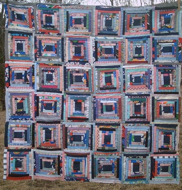 Fun funky folk art Log Cabin wall or lap quilt top blue unusual fabrics, new