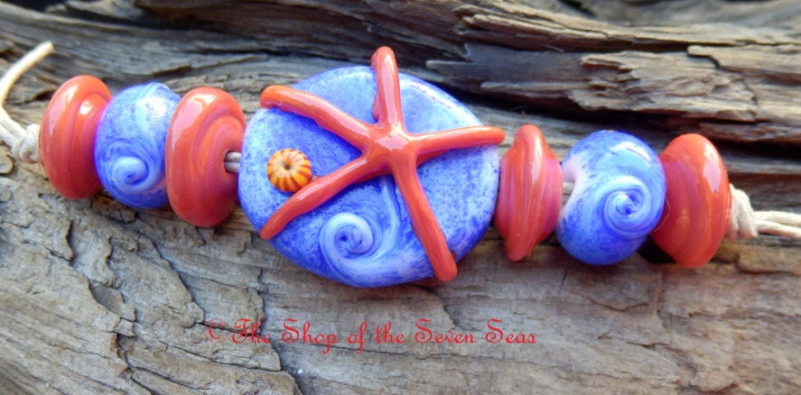 Handmade Lampwork Beads Glass OCEAN VIEW Red Coral Starfish Blue wave Beach Set Nancy Larkin sra diy Jewelry