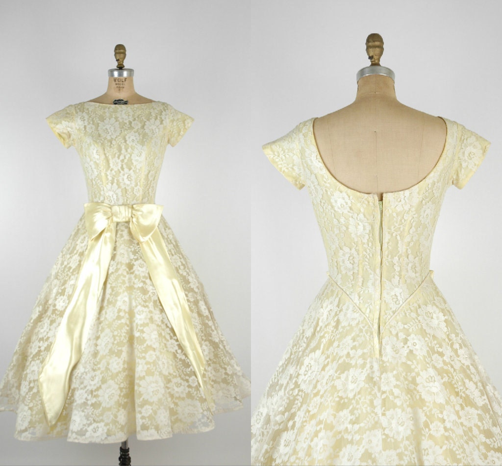 1950s Pastel Wedding Dress / Vintage Yellow Prom Dress