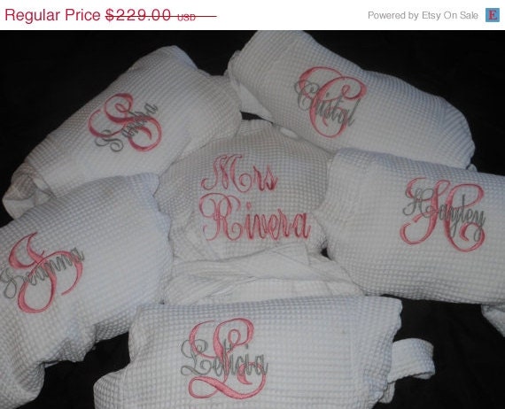 On Sale till May24th Monogrammed Bridesmaid Robes Set of 7.  Great Gift ..Bride robe with backside embroidery