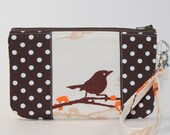 Wristlet / Padded Zipper Pouch - Sparrows in Almond