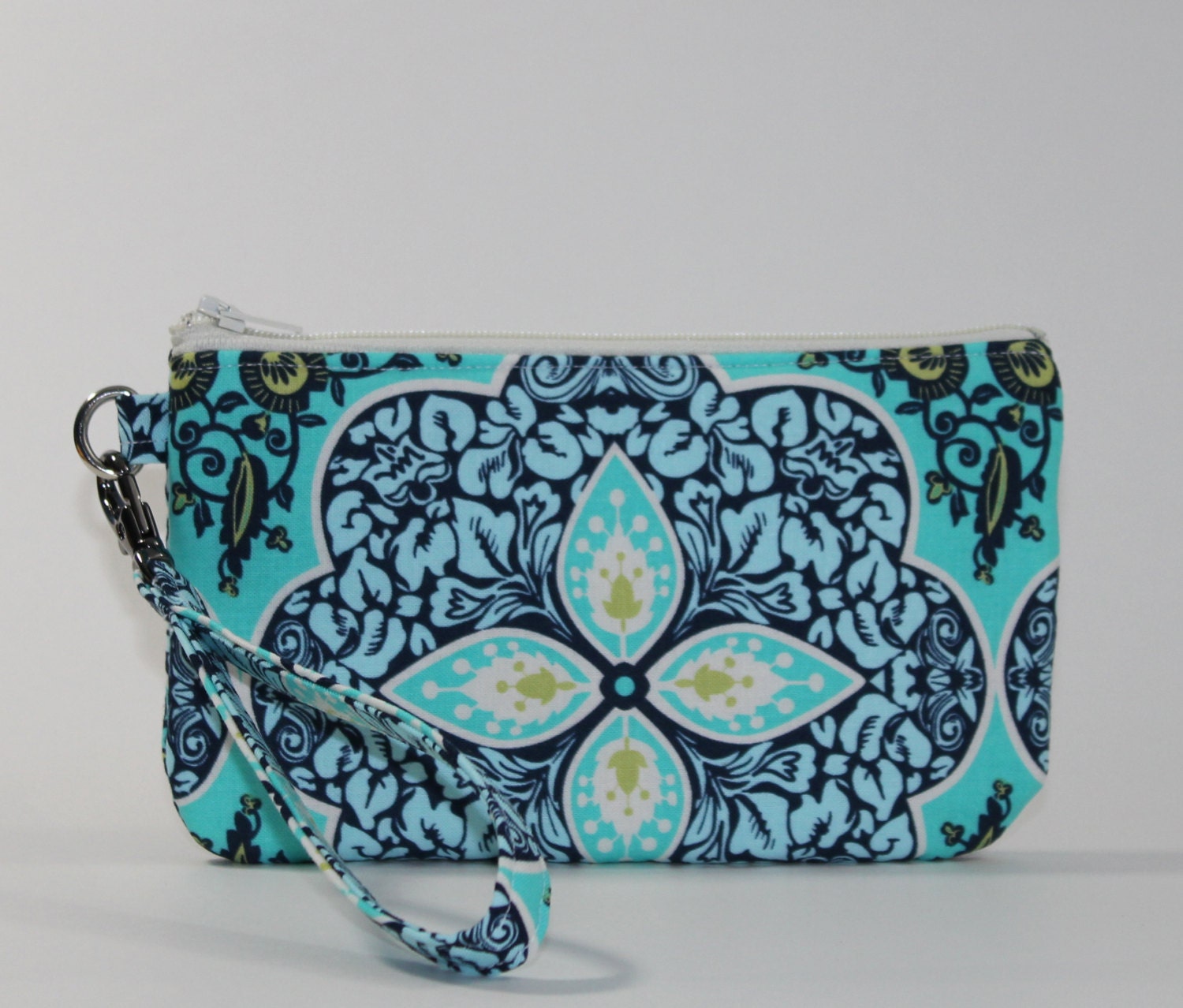 Wristlet / Padded Zipper Pouch - Turquoise Pressed Flowers
