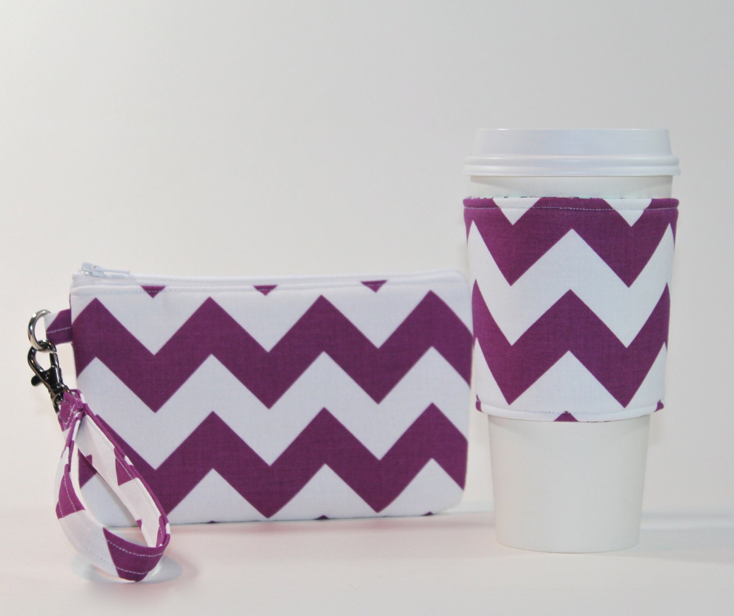 Coffee Break Gift Set - Wristlet and Reversible Coffee Sleeve - Purple Chevron
