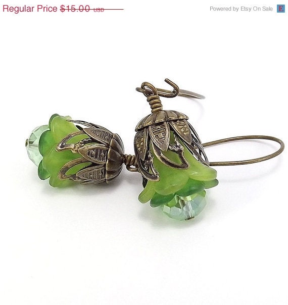 SALE Antique Brass Earrings - Lucite Lime Matte Trumpet Flowers