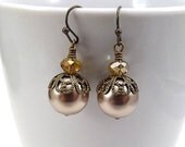 SALE Antique Brass Earrings with Swarovski Bronze Glass Pearls