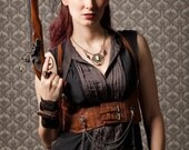 Steampunk Harness TAN with LACE Faux Leather Underbust Bodice with Silver Gears, Buckles, Chain, and Antique Keys by Velvet Mechanism