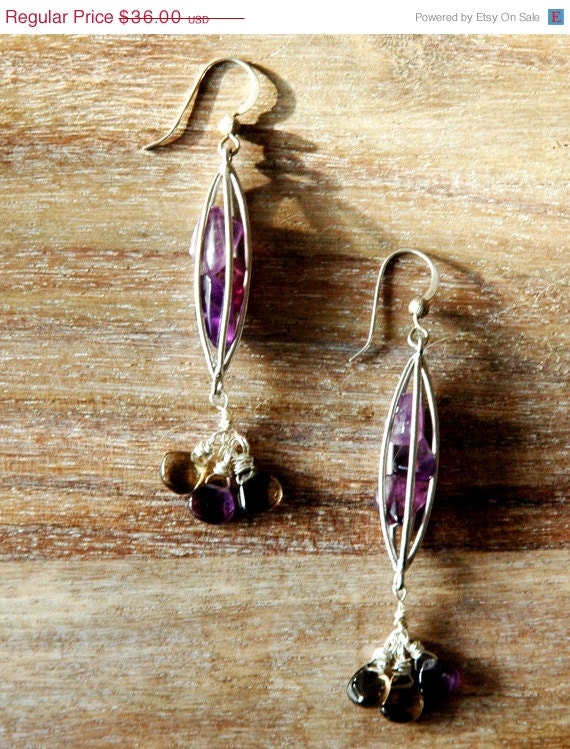 Summer Sale 10% Off Sterling Silver Caged Amethyst Gemstones With Citrin and Smokey Quartz Teardrops