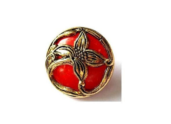 6 Vintage flowers buttons gold color flower Art Nouveau  style on red plastic  18mm