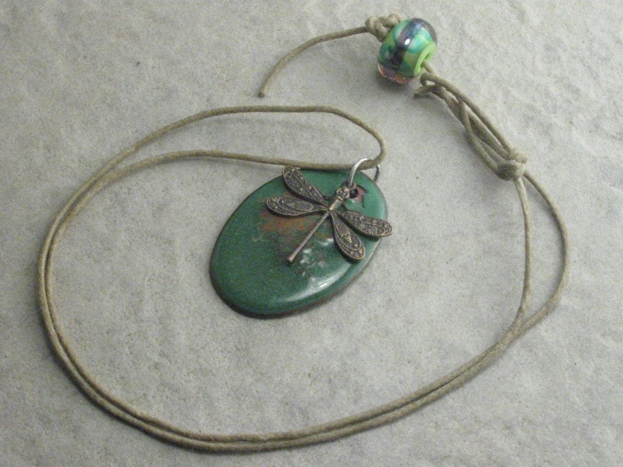 Dragonfly Summer-Torch Fired Enamel on Jute Necklace