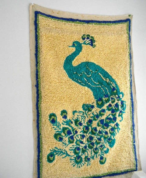 vintage peacock in aqua rug wall hanging LARGE