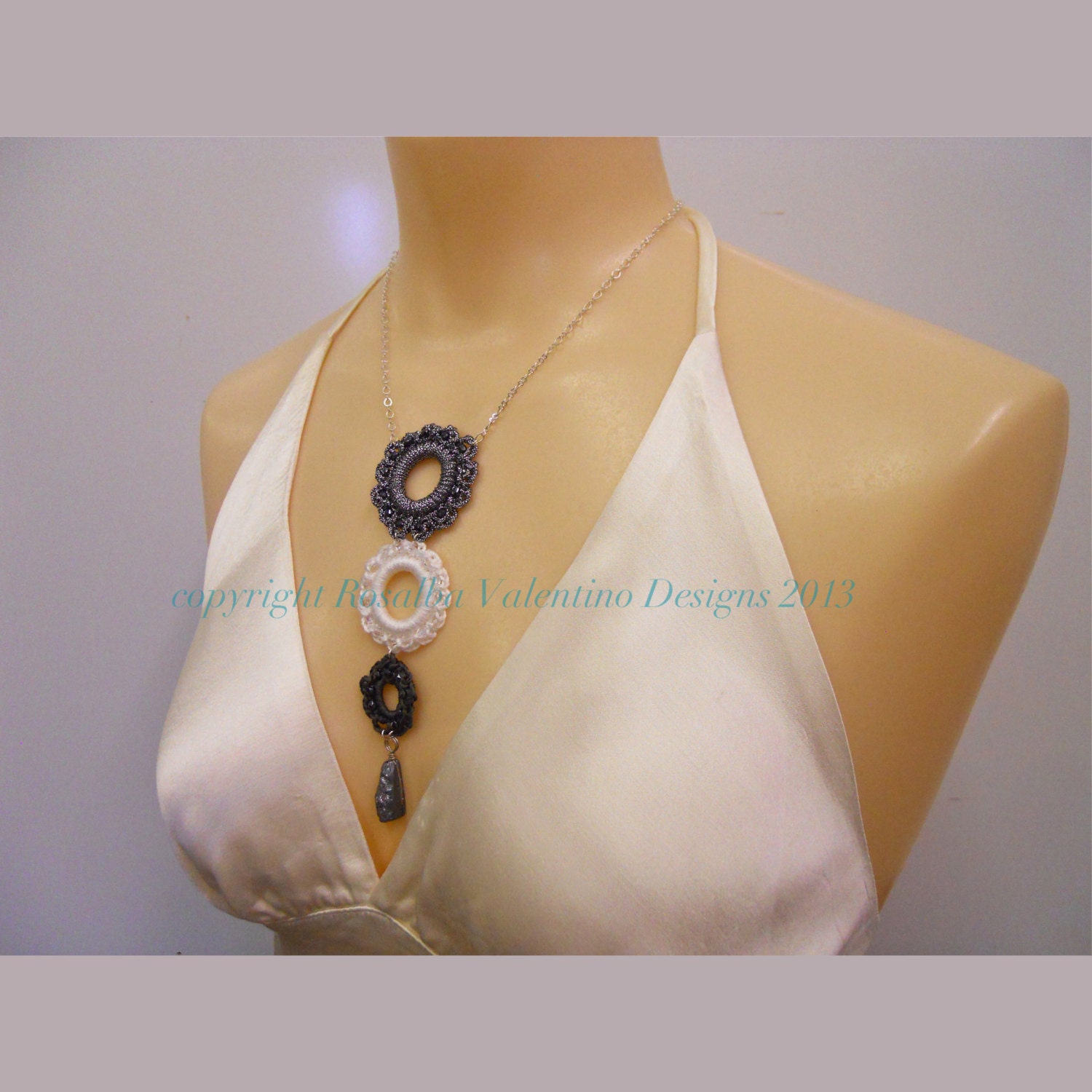 La Cercia Crochet and Slag Stone Pendant Necklace