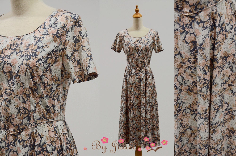 Vintage dress 80 Laura Ashley designer cotton print brown flower floral princess line short sleeve full skirt vtg sun sundress made small s