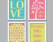 Colorful Custom Personalized Child Name LOVE Dream Tree Crib Nursery Print Artwork Set of 4 Prints Girl Wall Decor Art Picture Flower