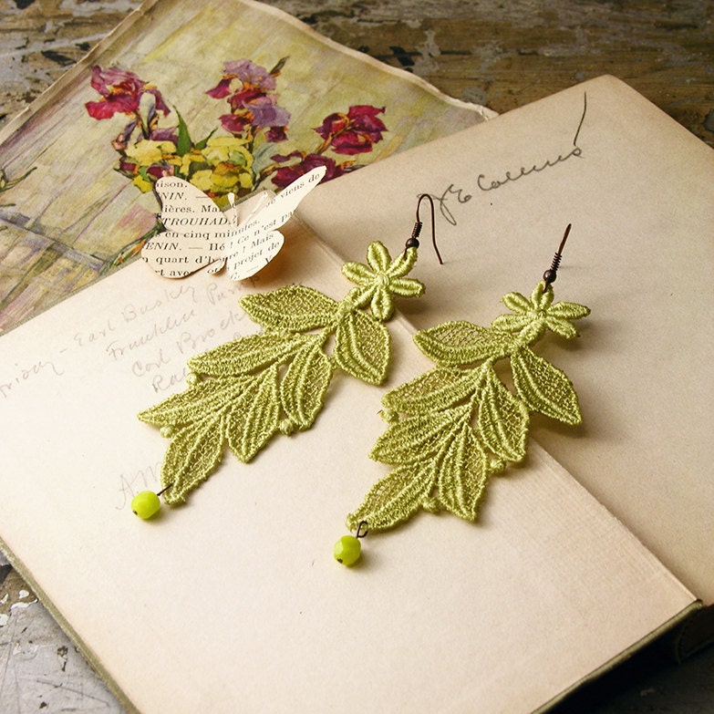 lace earrings- ANYA - chartreuse - long floral earrings
