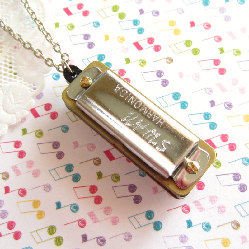 Harmonica Necklace - Cute - Whimsical - Kitschy - Mouth Organ - Swan