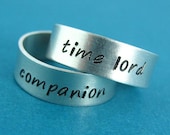 Doctor Who Rings Time Lord and Companion -Pair of Adjustable His and Hers Aluminum Rings - your choice of font