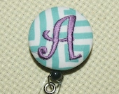 Many fabrics to design YOUR Badge Reel. Monogrammed single letter, Turquiose pattern