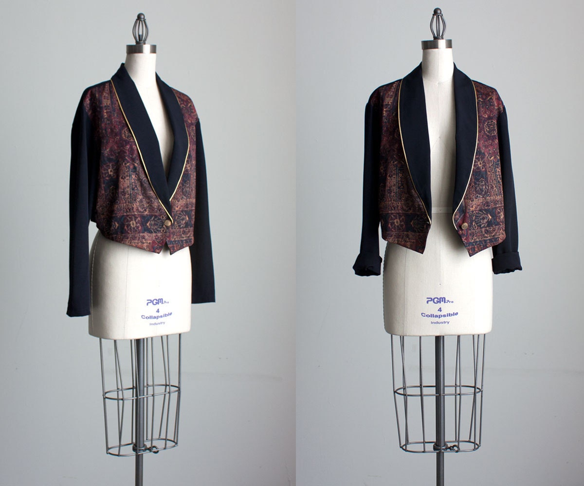 Equestrian Cropped Jacket 1990s Vintage Black Tapestry Print Cropped Blazer Jacket