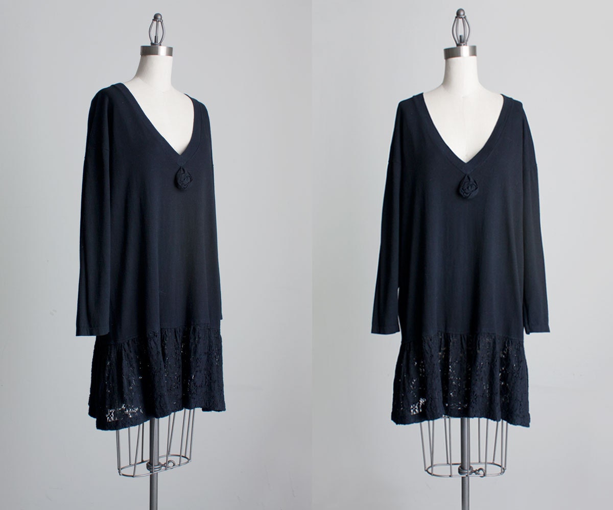 Black Crochet Lace Dress 1980s Vintage Black Crochet Lace Slouchy Tunic Mini Dress