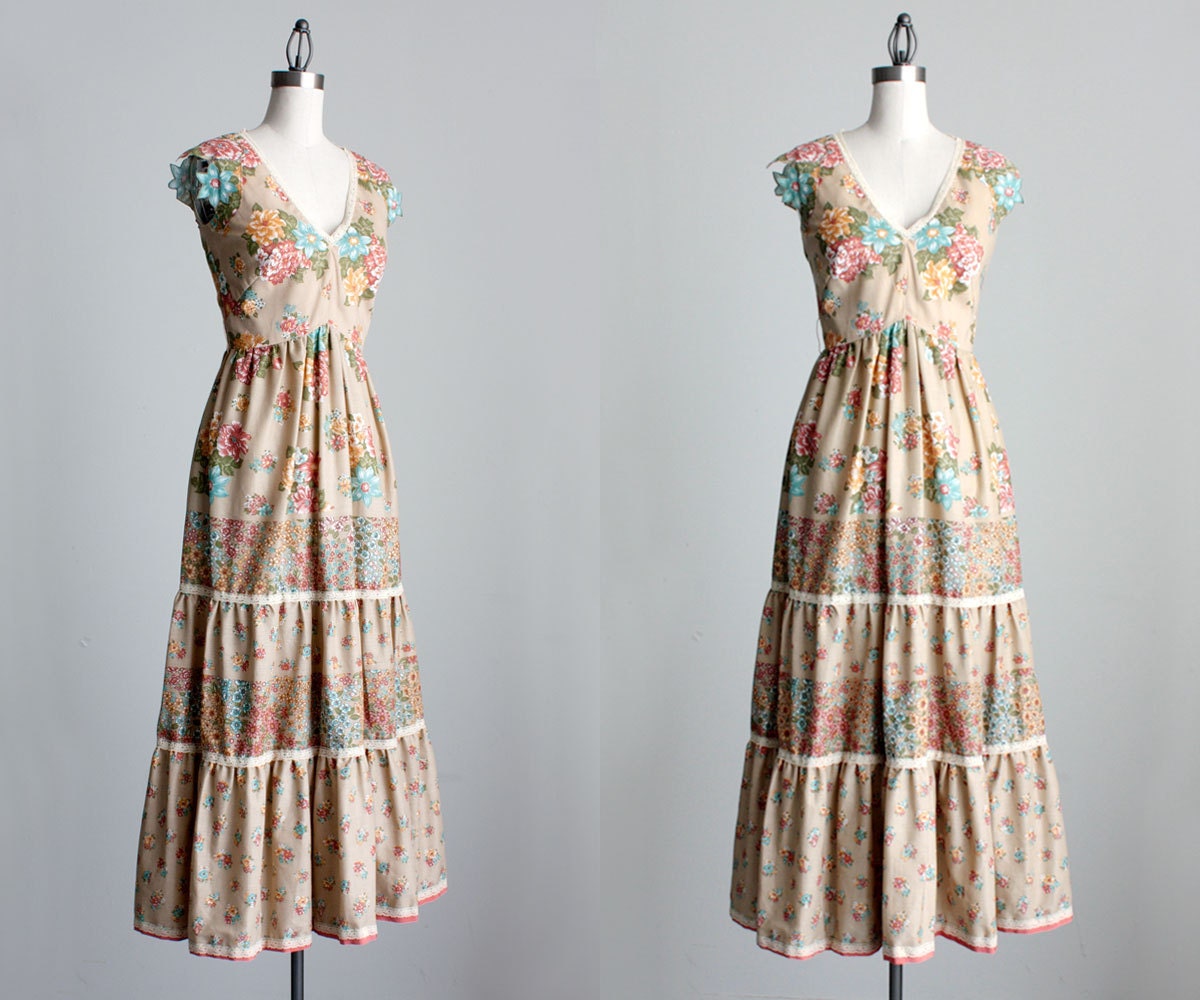 Floral Maxi Dress 1970s Vintage Victor Costa Prairie Sun Dress