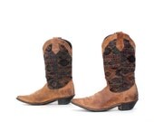 size 9 SOUTHWEST woven tapestry 80s GEOMETRIC print brown leather boots