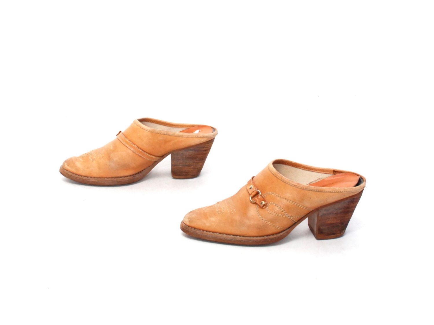 size 6.5 SOUTHWEST tan leather 70s 80s BOHEMIAN platform CLOG slip on mules