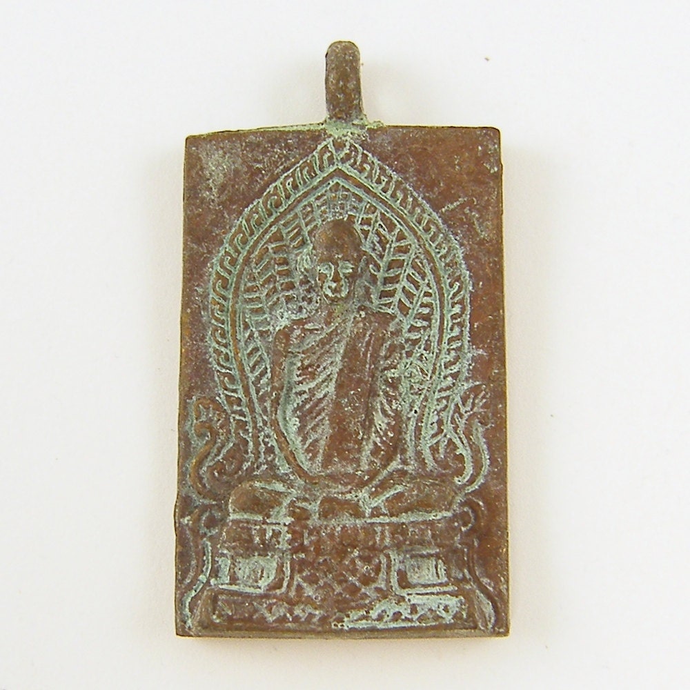 Buddha Amulet Pendant - Asian Ethnic Tribal Rustic Metal Verdigris Pendant