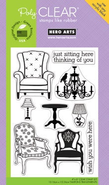Wish You Were Here (9 Clear Stamps - Vintage Armchairs, Chandelier, Antique, Furniture, Desk Lamp) PolyCLEAR Stamps (CL480)