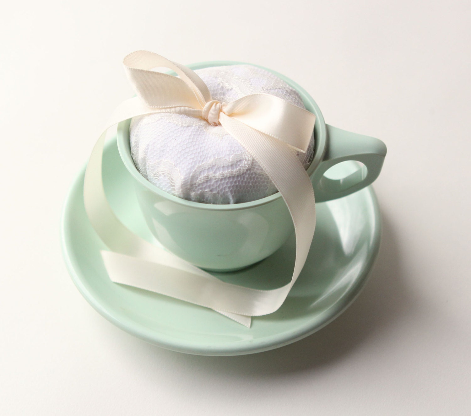 tea cup ring bearer pillow - plastic melmac, jadite green, vintage cup and saucer, wedding decor