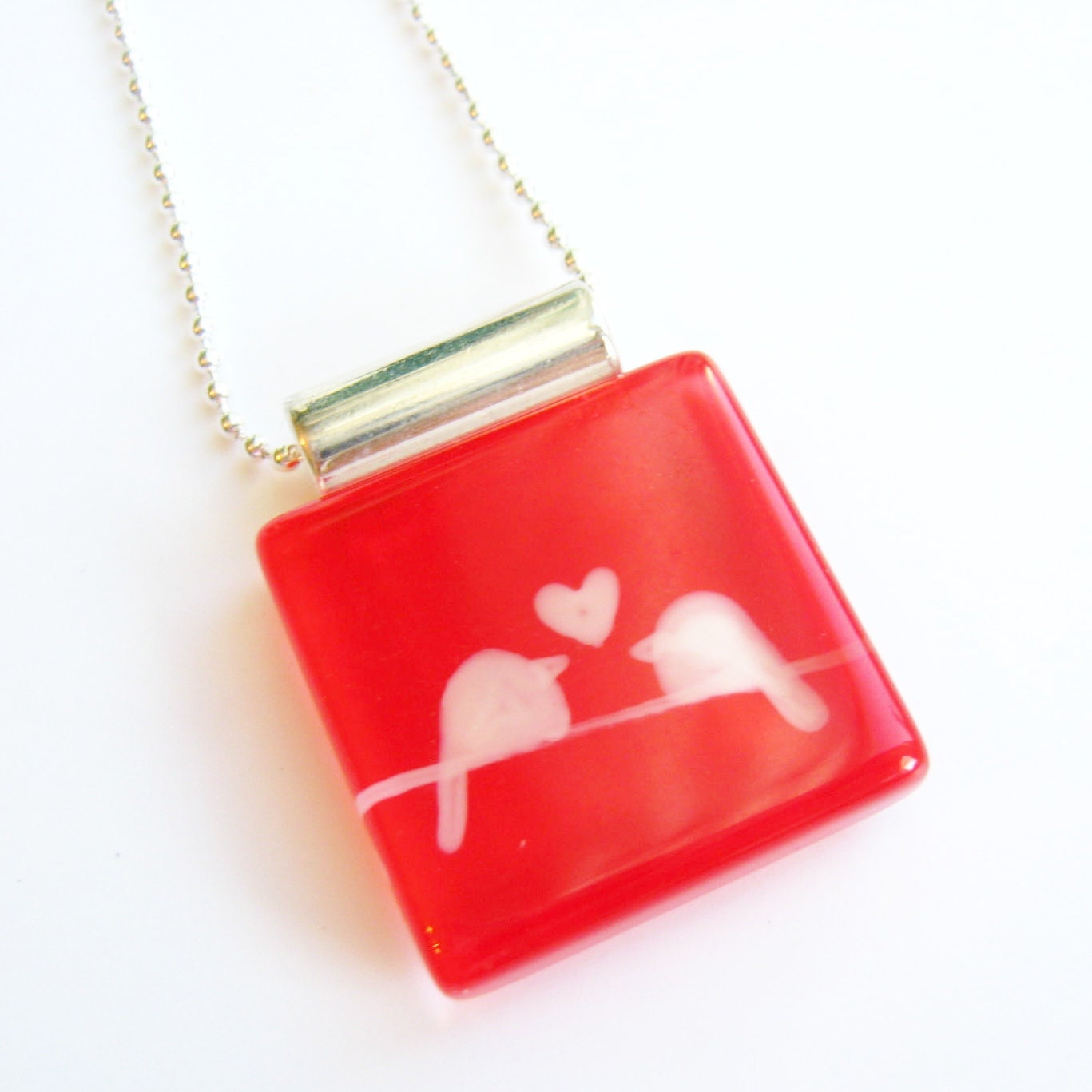Valentine love birds red pendant - Hand painted glass -