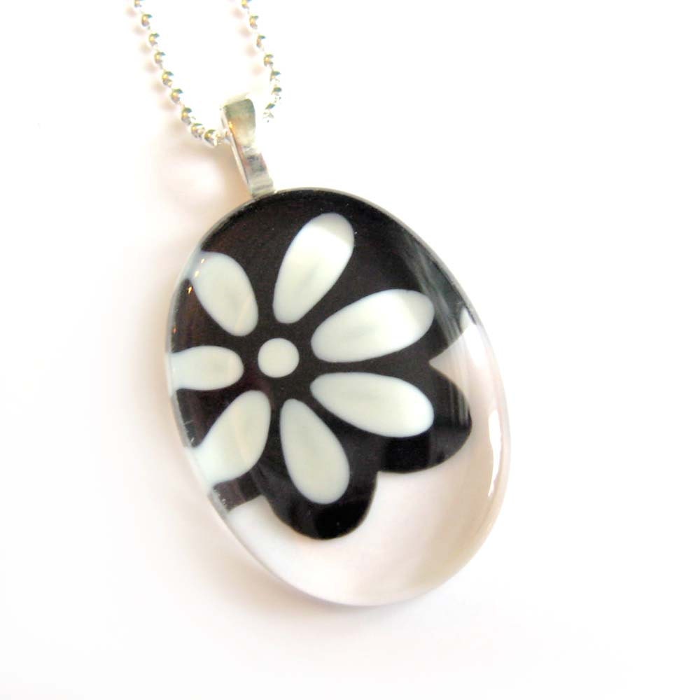 Black and white flower  pendant - hand painted glass -